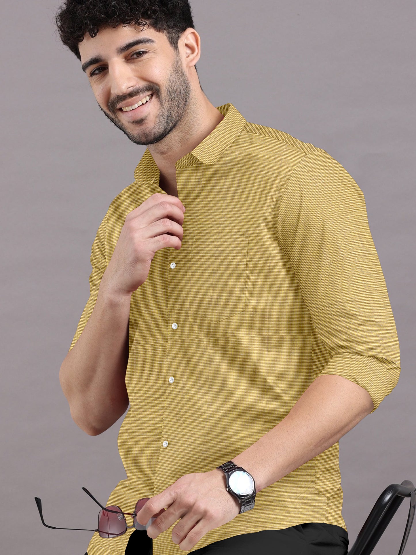 Dusty Gold With Printed Micro Checks Shirt