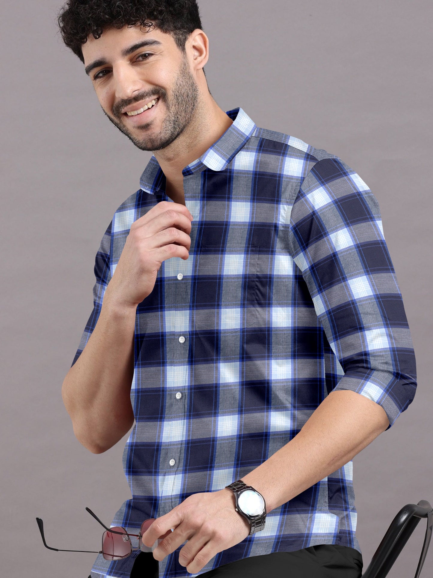 Classic Navy Blue & White Checks Shirt