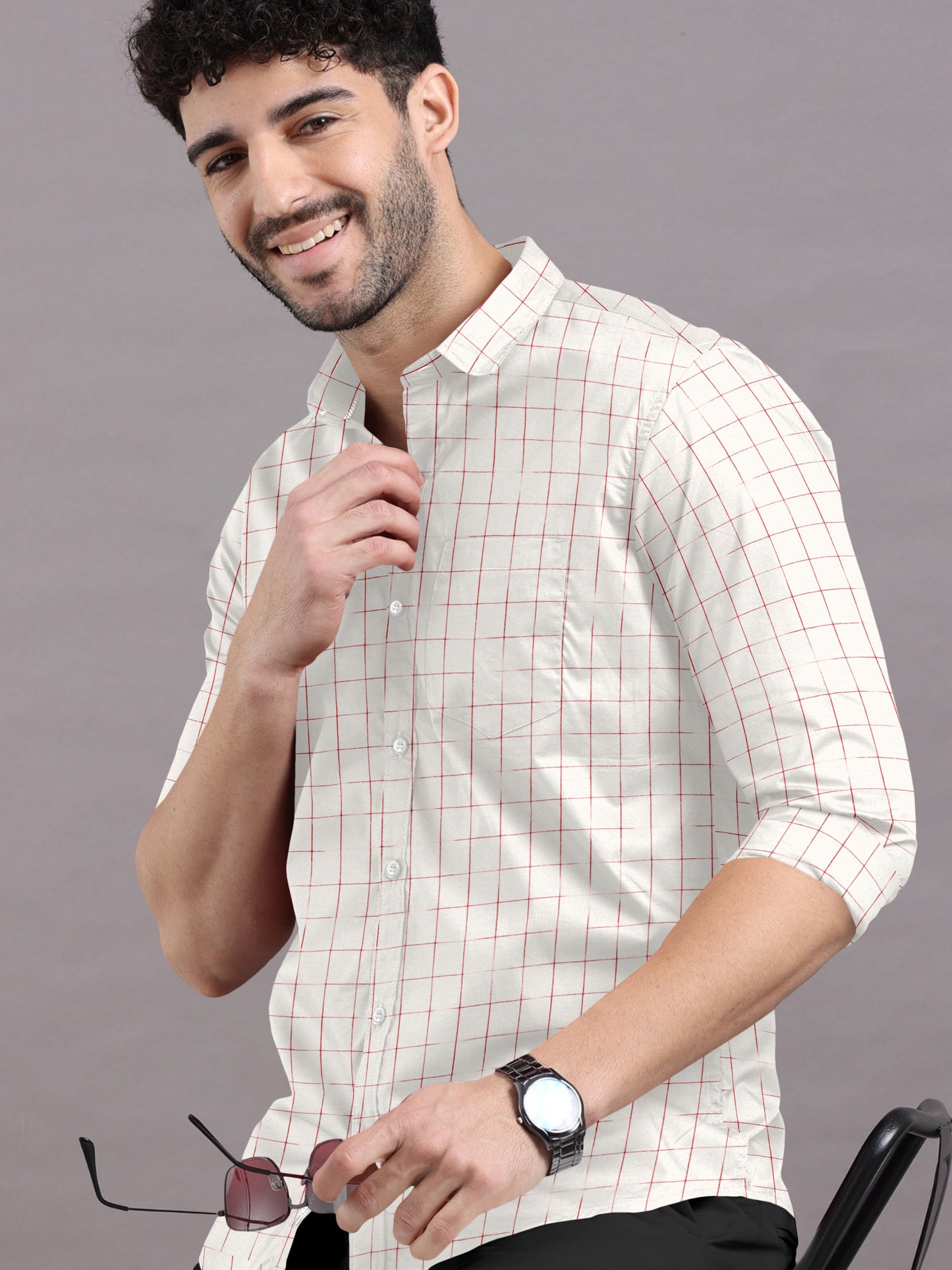 Fine Red Checks on Classic Allure of White Shirt
