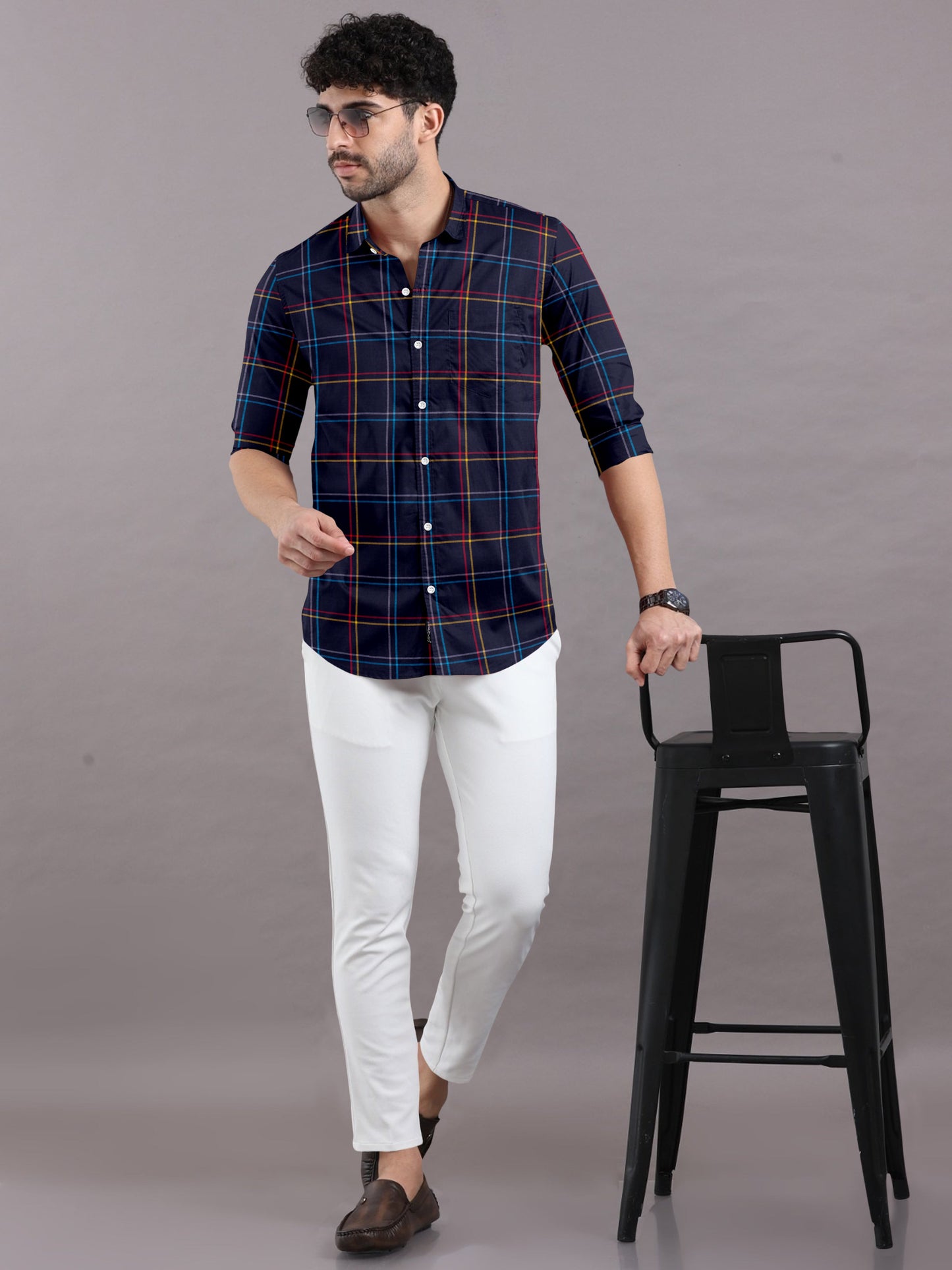 Charming Checks on Navy Blue Shirt