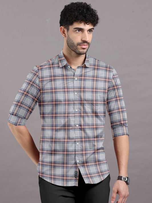 Pastel Grey Elegance With Peach Checks Shirt