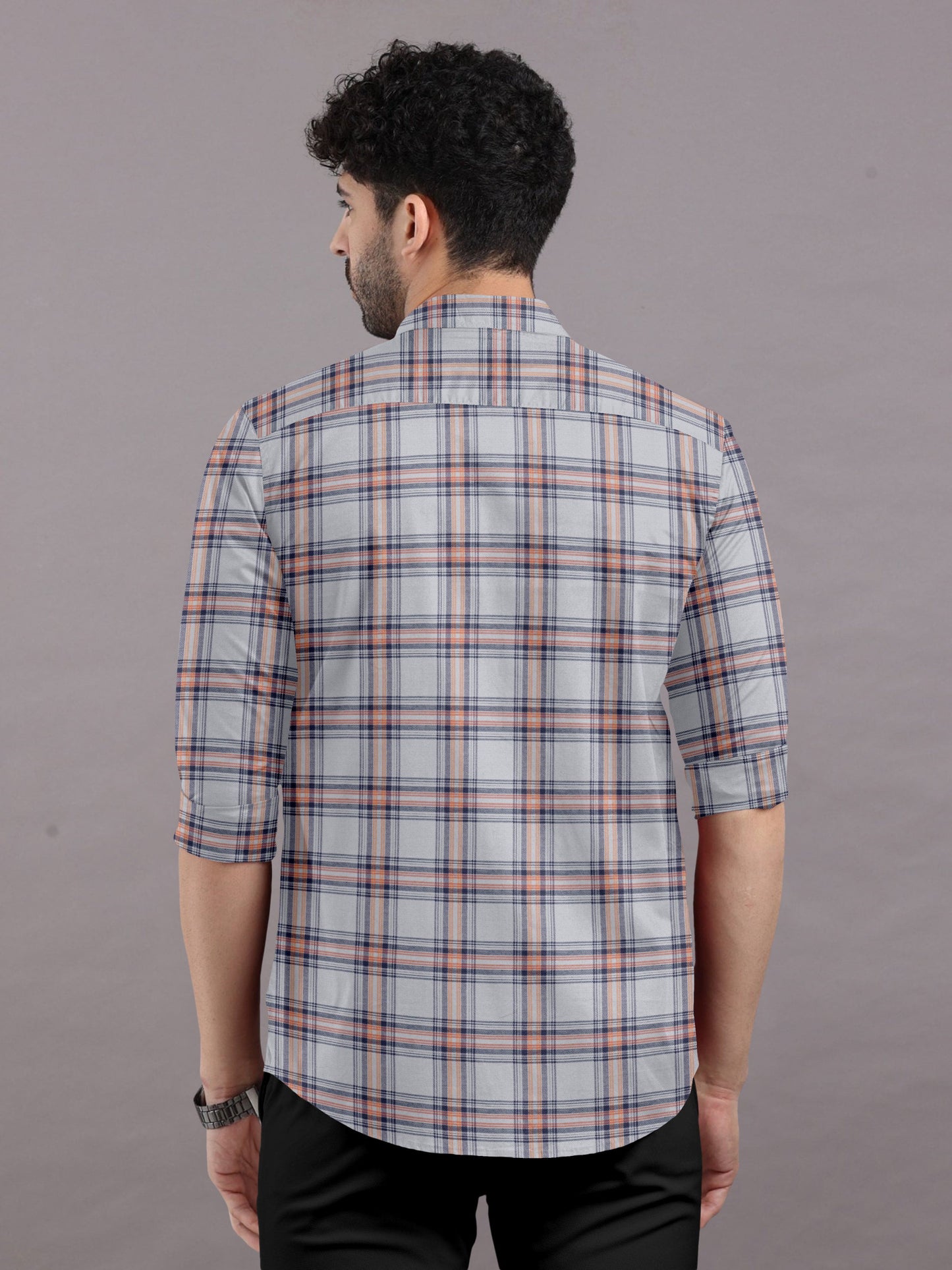 Pastel Grey Elegance With Peach Checks Shirt