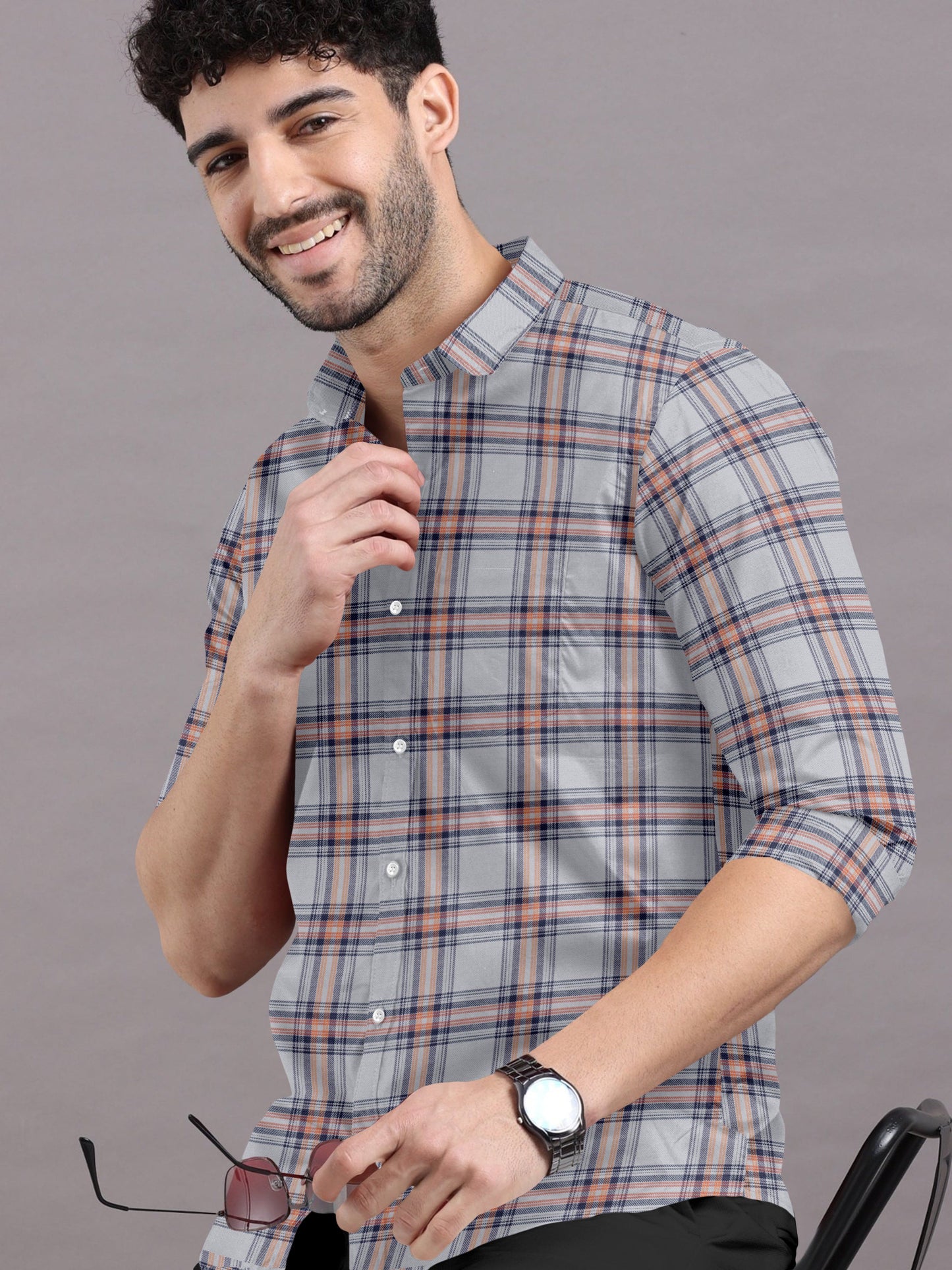 Pastel Grey Elegance With Peach Checks Shirt
