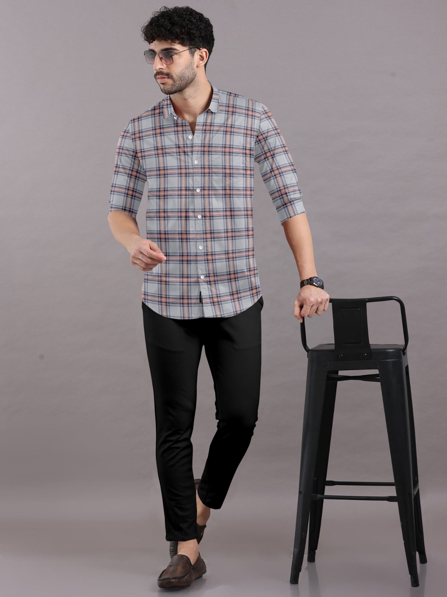Pastel Grey Elegance With Peach Checks Shirt